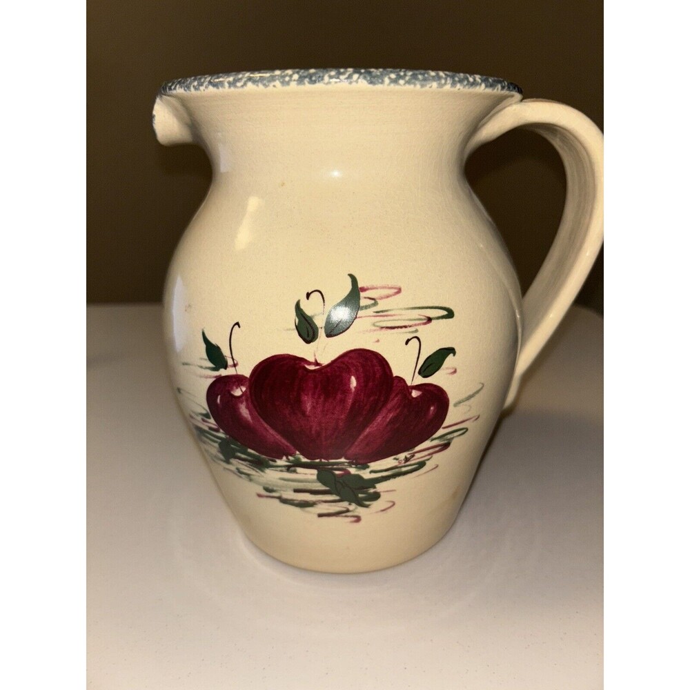 Vintage Casey Pottery Hand Painted Fall Autumn Apples Pitcher Texas 8in x 6in